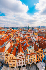 Fototapeta premium View of the city of Prague and old town square with buildings and Church of Our Lady before Tyn in the stare mesto from platform of Old Town Hall (Staromestska Radnice)