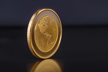 Gold coin with detailed world map design reflecting on black surface