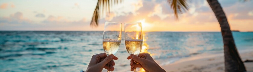 Two people toasting with wine glasses on a tropical beach at sunset, capturing a romantic vacation moment by the ocean.