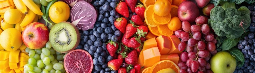 Obraz premium Vibrant assortment of fresh fruits and vegetables in a colorful arrangement, showcasing healthy and natural produce.