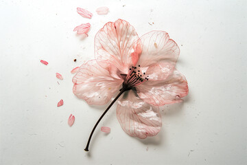 delicate pink cherry blossom flower with translucent petals and dew drops on white surface