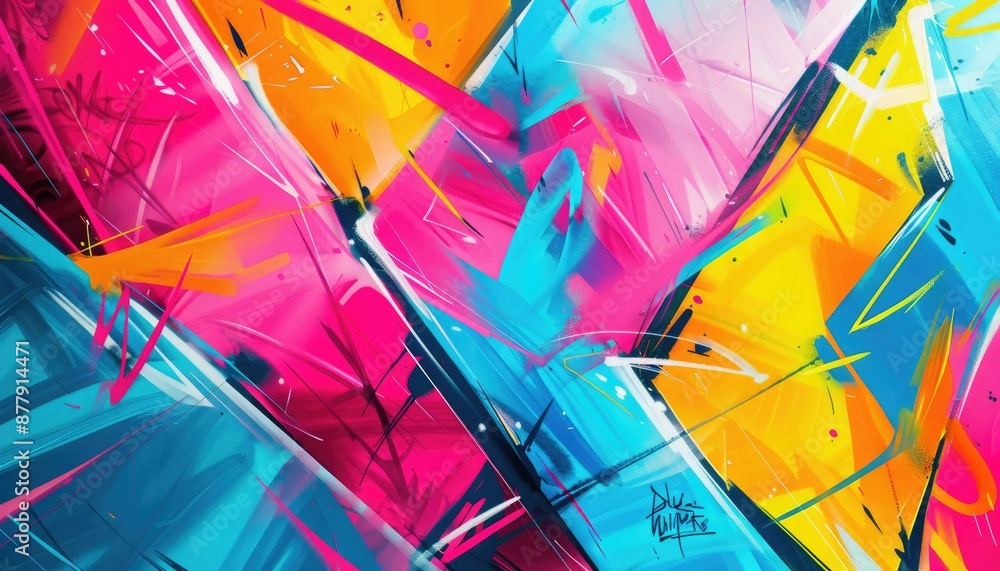 Poster dynamic abstract geometric digital art featuring bold red and blue tones with sharp angles and light