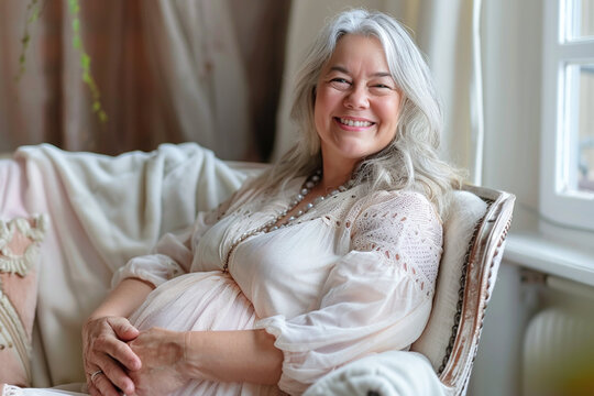 Motherhood in any age, old-timer. Middle age senior gray haired regnant woman expecting baby at aged pregnancy smiling holding belly