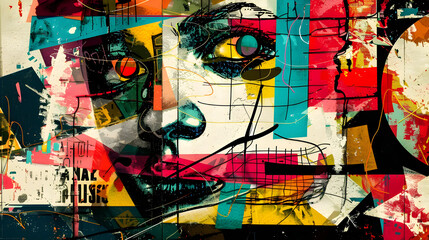 graffiti wall, designed with a mix of abstract art and vibrant colors, offers a striking urban backdrop, perfect for a pop art-inspired background.