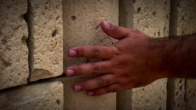 Man hand gently stroke surface, slide on stony wall of old building of ibn battuta mall Dubai - United Arab Emirates -Closeup shot of female palm, tourist lady walk along construction made from stone