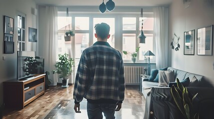 A person stand on a rug in front of a window,
