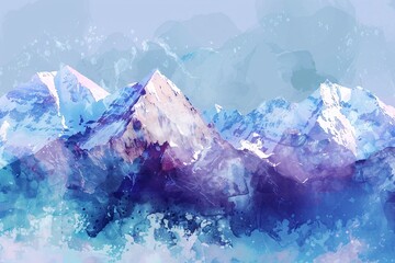 A watercolor painting depicts a snow-capped mountain range in the morning light, with a soft, blue and purple color palette