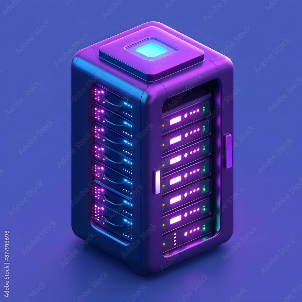 Poster futuristic glowing server with neon lights, representing modern data storage technology and secure d