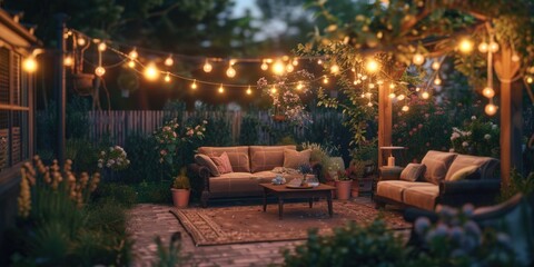 A cozy outdoor seating area featuring a couch, table, chairs and string lights for a warm ambiance