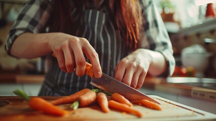 A woman in a striped apron chops fresh carrots on a wooden cutting board in a kitchen