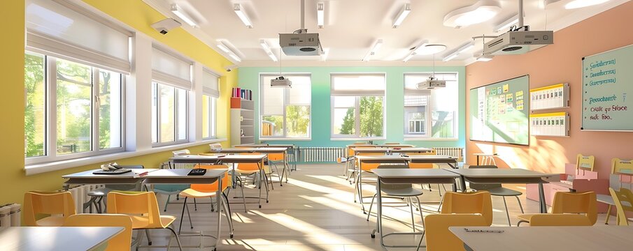 Modern classroom in a Moscow private school, equipped with digital learning tools, modular desks, and pastel-colored walls, promoting a flexible and engaging learning environment.