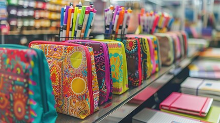 Rows of colorful lunch bags with intricate designs and an array of vibrant stationery items such as markers and notebooks placed on a store counter,