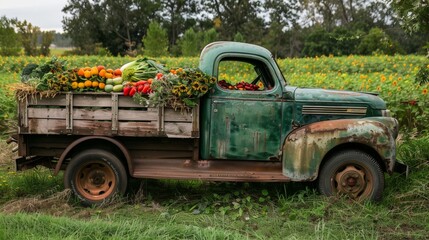 A vintage pickup truck in a rural setting, loaded with fresh produce from a nearby farm