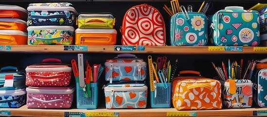 Shelves packed with an assortment of school supplies including staplers, rulers, and lunch bags with unique patterns, captured in sharp detail and vibrant colors,