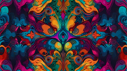 abstract psychedelic background with bold, contrasting colors, and flowing, organic shapes that blend seamlessly into one another, creating a hypnotic effect