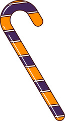 Cartoon retro groovy Halloween candy cane festive treat. Isolated vector iconic hook-shaped stick, adorned with black and orange stripes, evoking the spooky spirit of the holiday in a sweet twist