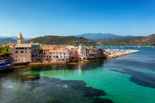 Saint-Florent old town and harbor, Corsica, France.