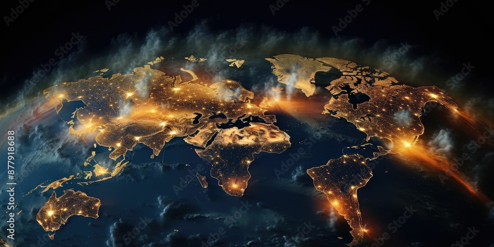 Poster 3d image of a textured earth with golden light patterns. an image of digital art of globe with glowi
