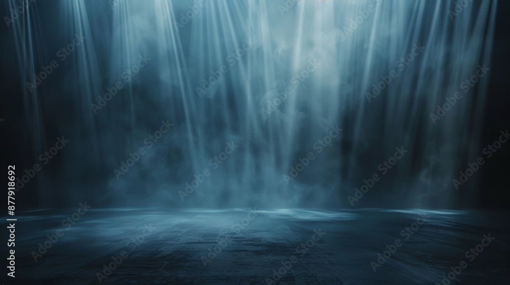 Poster studio room background with light beams and fog for product presentation generative ai