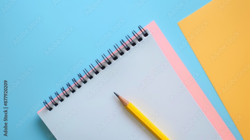 Poster notebook and pencil on colorful surface open spiral notepad on desk blank office notepad with white 