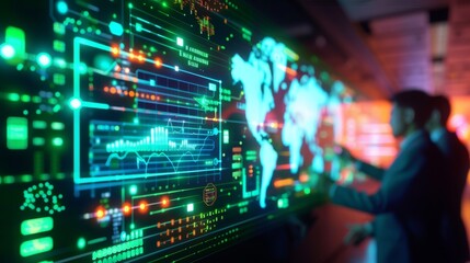 Businessman analyzing global data on a futuristic display