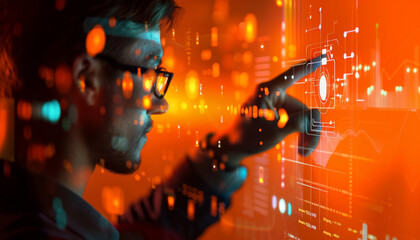 Man Looking At Digital Interface With Red Lighting