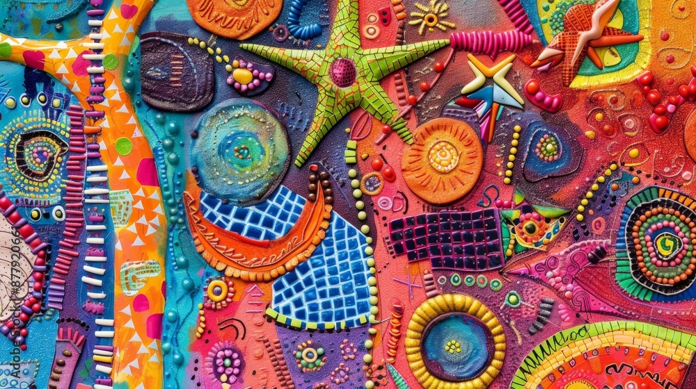 Poster an abstract background with a mix of bright, bold colors and intricate patterns, creating a lively a