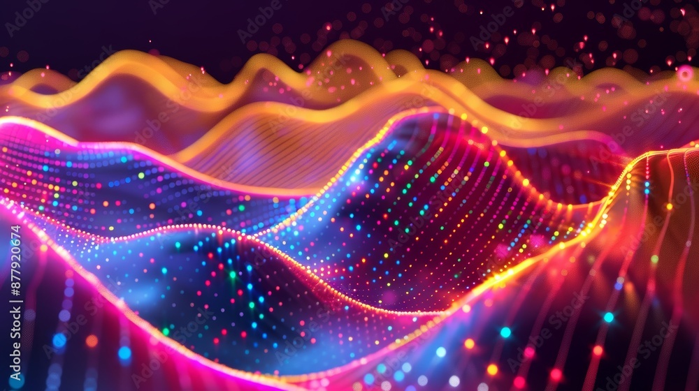 Poster vibrant neon wave background for tech and music themes generative ai