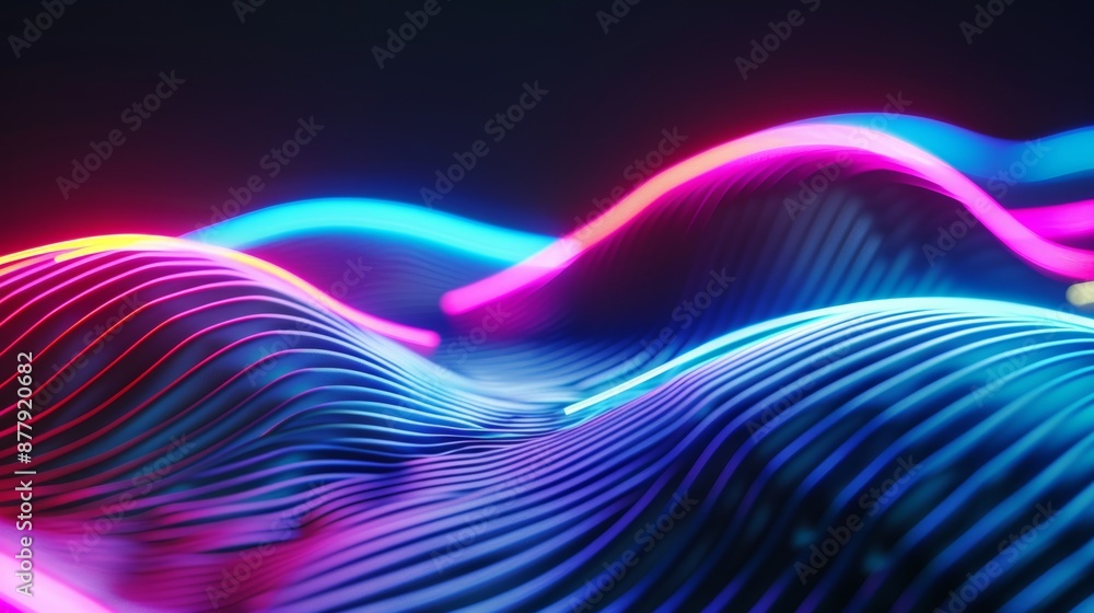 Poster vibrant neon wave background for tech and music themes generative ai