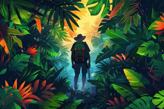 Flat design illustration of an adventurer exploring a dense jungle with a machete in hand. The lush greenery, exotic plants, and wildlife create a sense of mystery and excitement. The adventurer