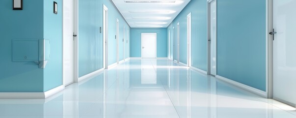 Obraz premium Empty Corridor with White Doors and Blue Walls