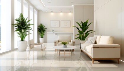 Modern White Minimalist Lobby Interior with Green Plants and White Sofa
