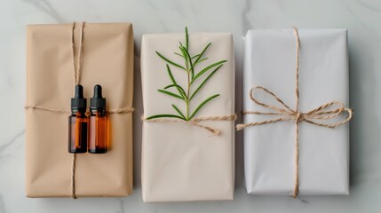 Eco-friendly gift wrap ideas for essential oils, featuring recycled paper and twine, minimalistic and sustainable presentation