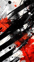 Naklejka premium Abstract Expressionist Chaos: A dynamic explosion of black, white, and red paint splatters and sharp strokes, creating a high-energy, chaotic visual impact with intense contrasts.