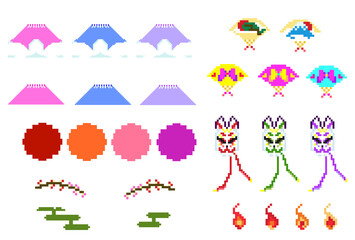 カワイイドット絵 | kwaii pixelart 03
可愛いドット絵、ピクセルアートの和風セットです。
富士山や狐面、扇子、松や梅などポップな色使いのドット絵です。
PNGデータは背景透過していますのでカットしてご使用ください。