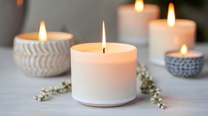 Elegant dinner table setting with multiple candles, warm flames casting a soft glow, soy wax candles in decorative holders
