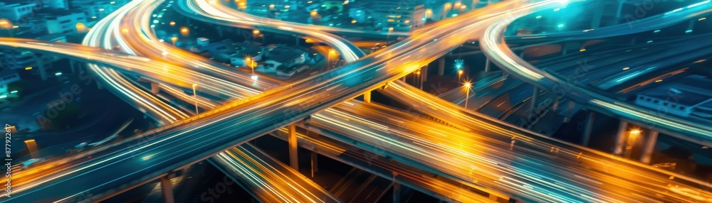 Poster aerial view of an illuminated highway interchange at night with vibrant lights and busy traffic flow