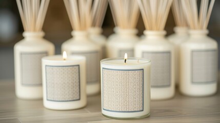 Naklejka premium Elegant display of scented candles and reed diffusers, eco-friendly packaging with artistic labels, highlighting the variety of fragrances offered