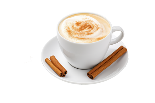 Top view of ceramic mug filled with pumpkin spice latte and cinnamon stick on transparent PNG background, perfect for fall and seasonal beverage designs
