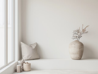Window in a room with minimal furniture providing natural lighting in an interiors design composition. Real Estate designer composition with copy space.