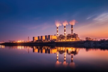 Naklejka premium Industrial Power Plant at Sunset Reflected in Water