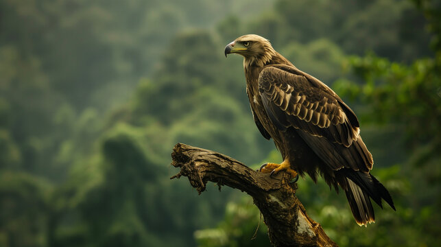 a Javanese eagle with dark brown feathers and sharp eyes, perched on a high branch, Ai generated Images