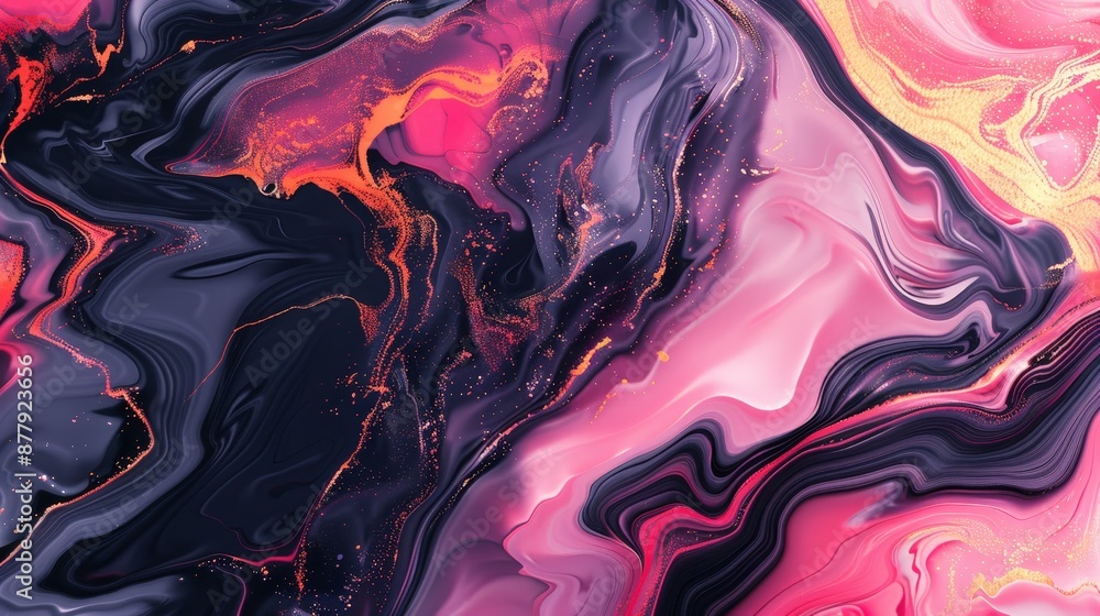 Poster an abstract background with fluid, marble-like patterns in a mix of dark and bright hues, creating a