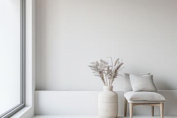 Window in a room with minimal furniture providing natural lighting in an interiors design composition. Real Estate designer composition with copy space.