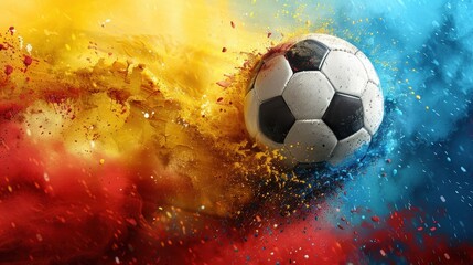 Fototapeta premium A soccer ball with a background of blue, yellow, and red watercolor is featured in this cinematic product photo. A smattering of red and blue surrounds a soccer ball.