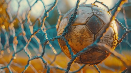 A soccer ball in the net on the competitive soccer field A football player attempts to put the soccer ball into the goal against a background of nets, symbolizing success and sports.