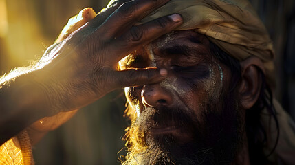 Jesus Christ healing with his hands blind man