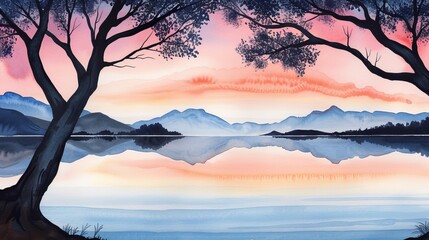 Captivating watercolor scene of a tranquil lakeside view at twilight, reflections of the sky on the water, surrounded by trees, and a distant mountain range on the horizon