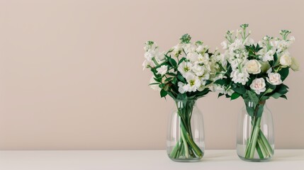 Obraz premium Elegant minimalist bouquet, fragrant flowers with soft petals, arranged in a clear glass vase, modern and chic aesthetic