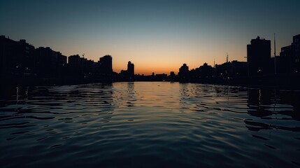 Naklejka premium Urban canals wind through the heart of the city, reflecting twilight skies in a serene evening scene.
